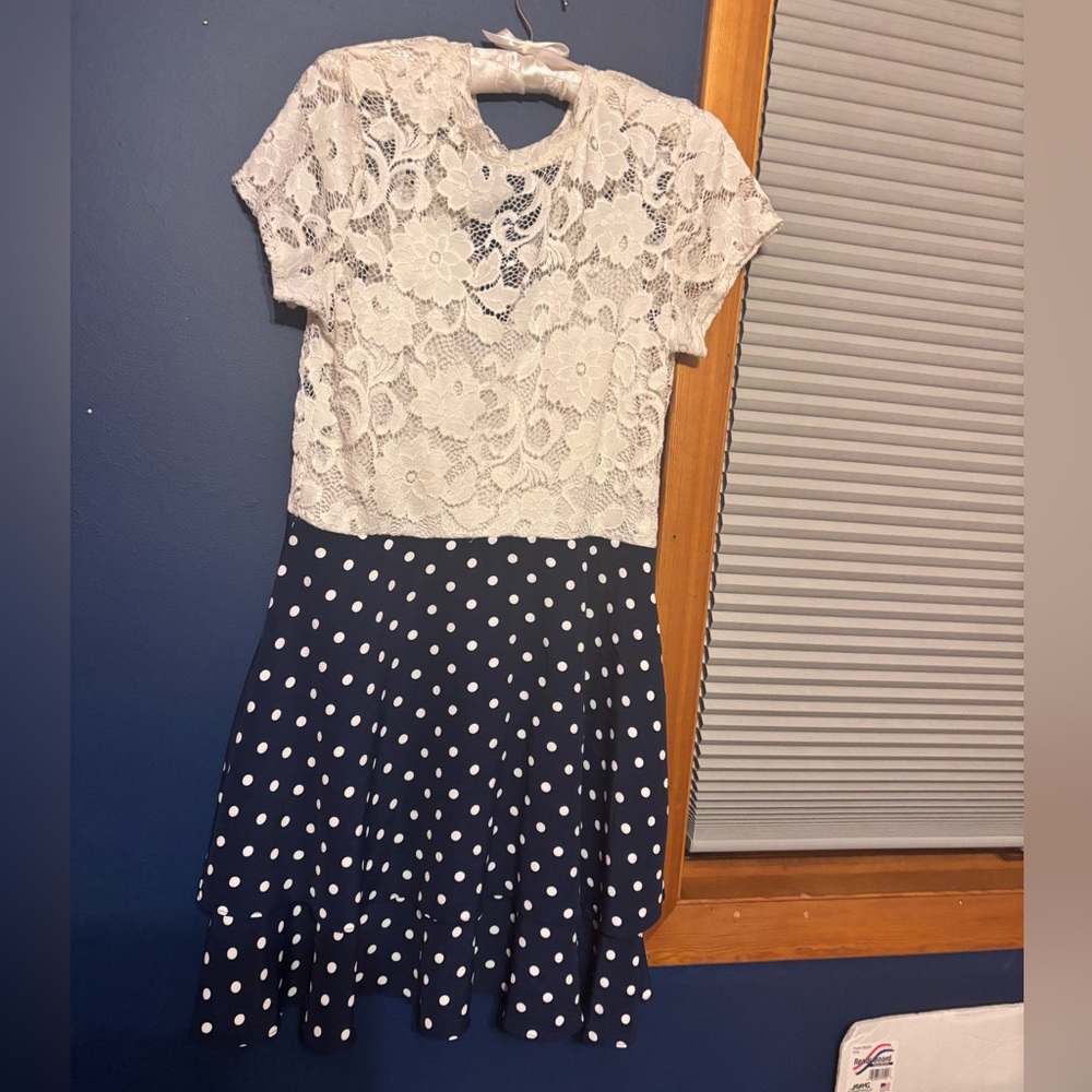 White and blue polka dot dress